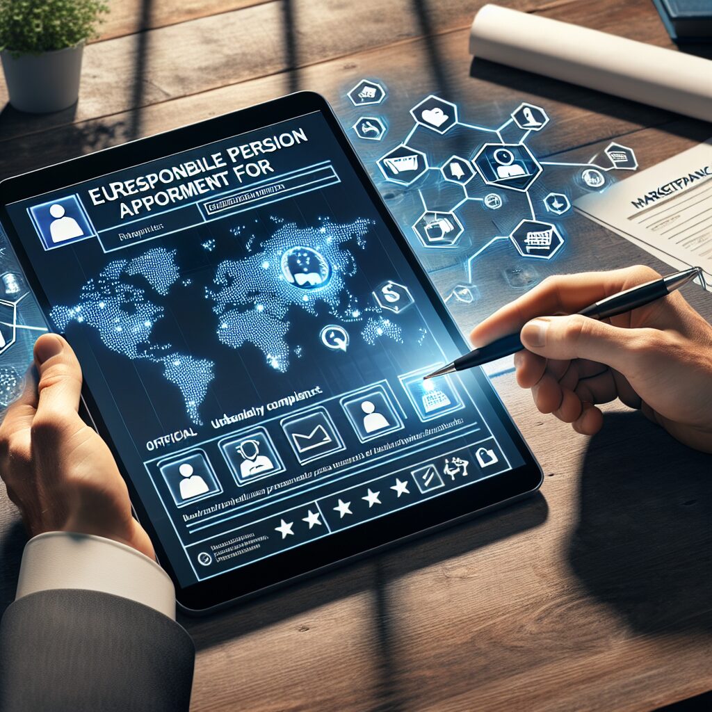 Digital workspace showing appointment of EU Responsible Person with map of Europe, compliance checklist, and EPR proof ready for sellers.