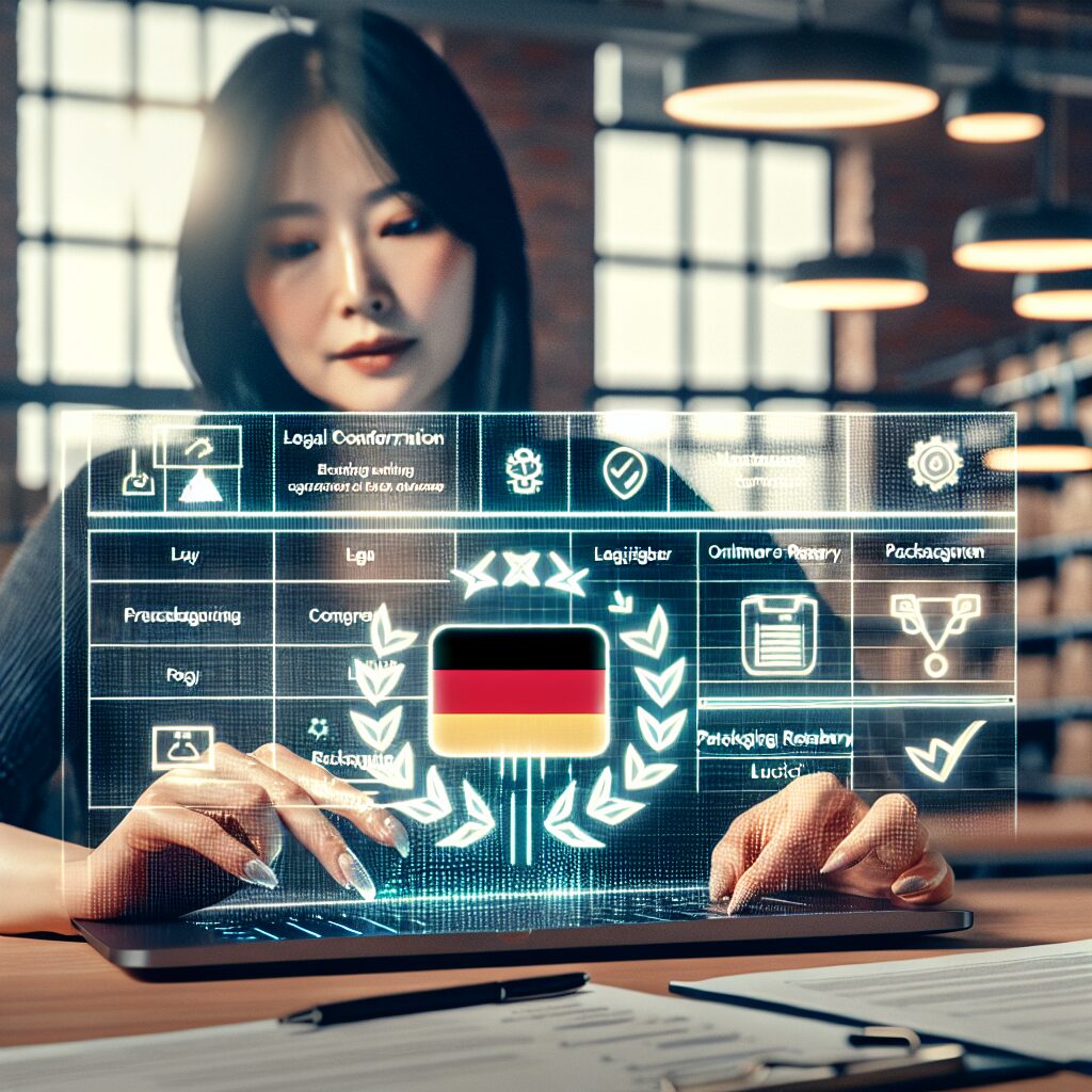 E-commerce seller using online portal to register for Germany packaging EPR in 2025 with compliance checklist and German flag.