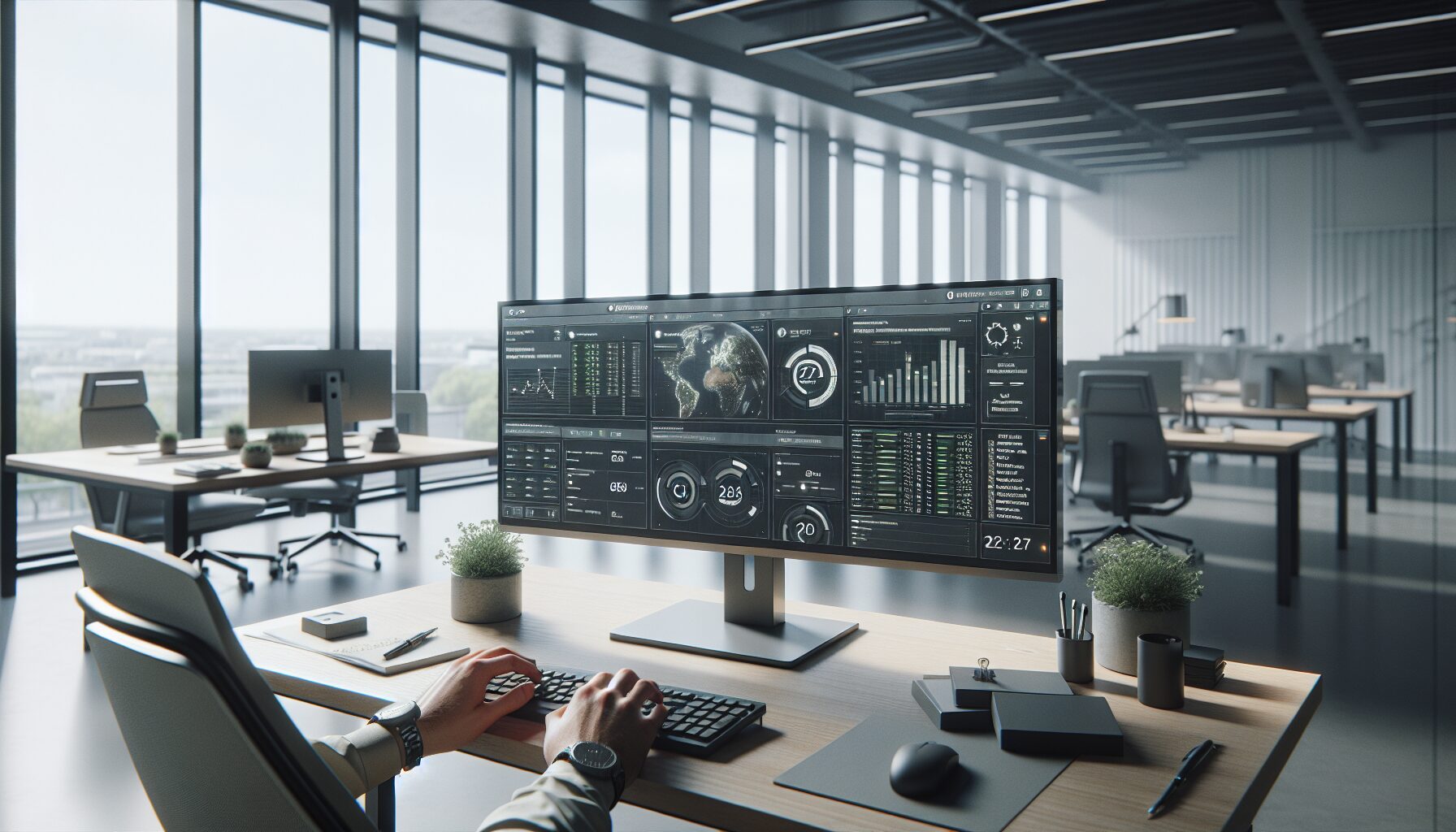 Hands using automated LUCID compliance software for Germany on a desktop monitor in a professional office.