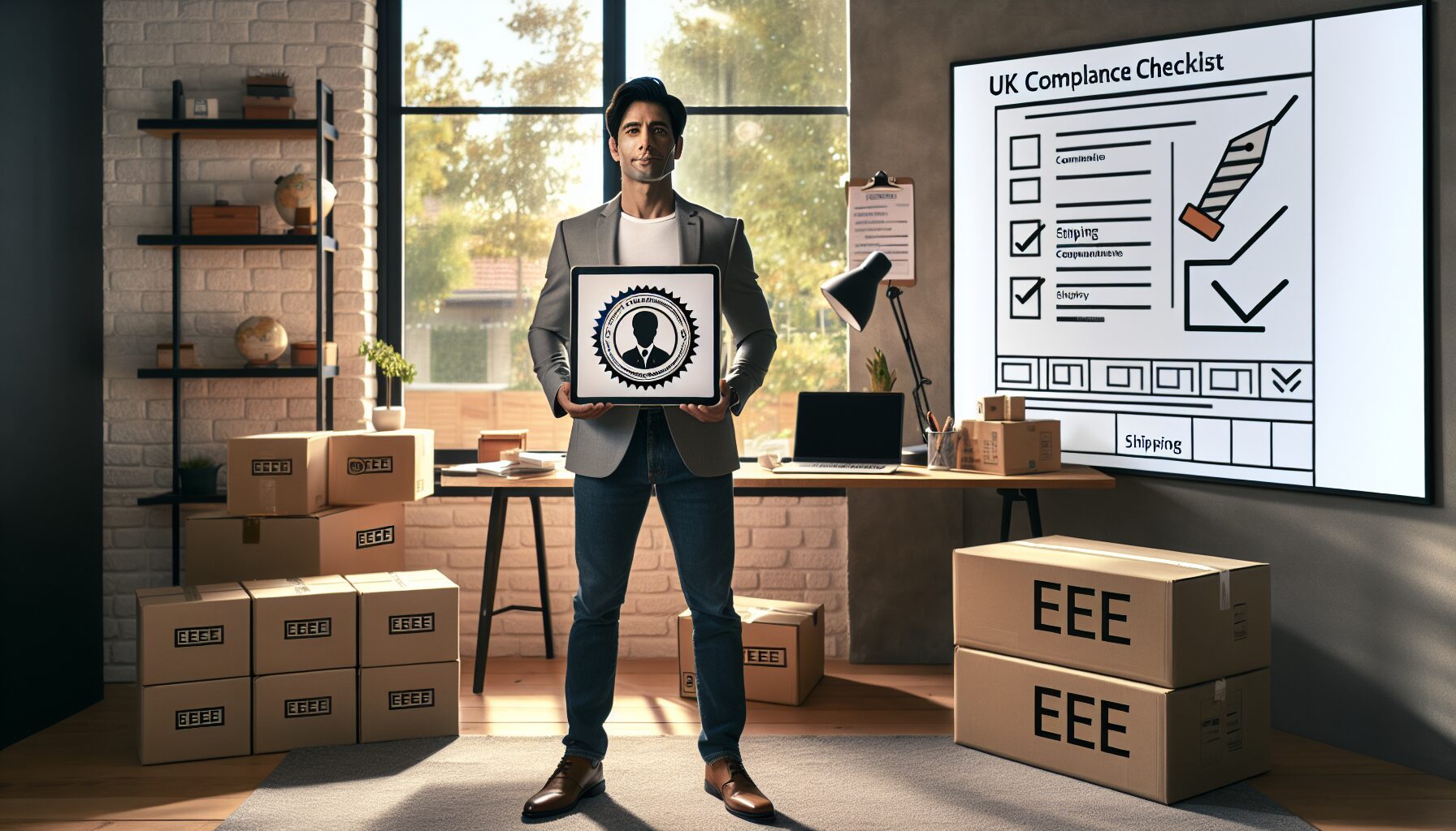 Smiling seller with WEEE number certificate and shipping boxes marked for UK marketplace compliance.