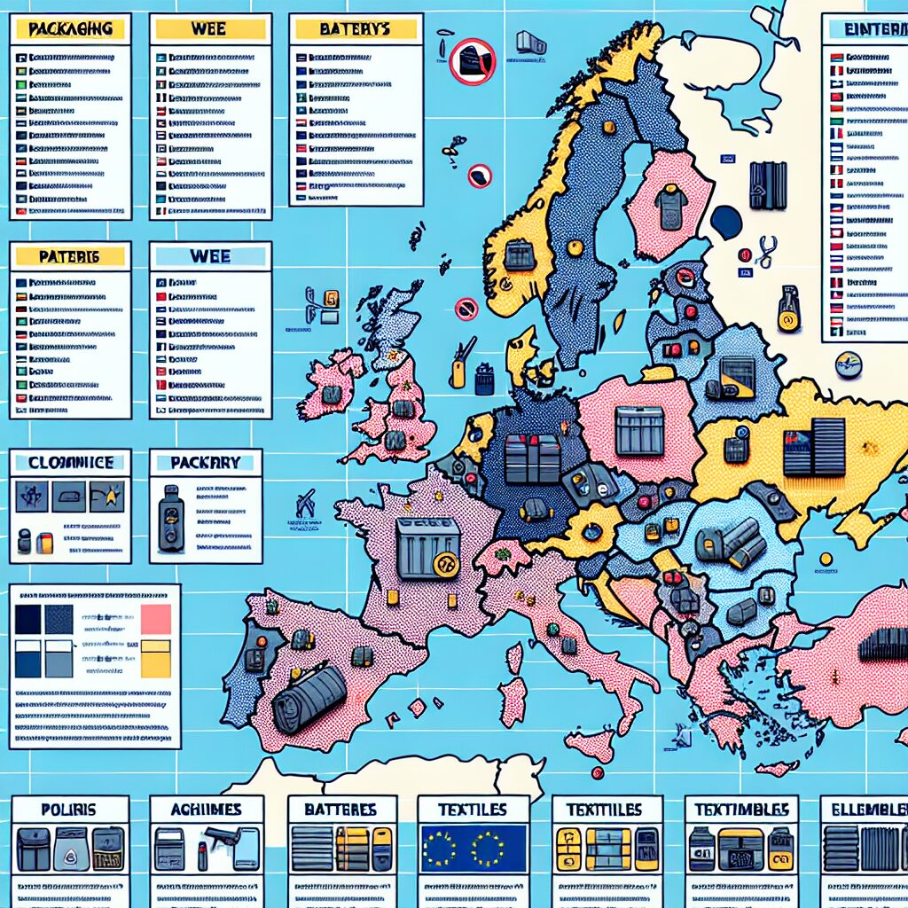 Infographic-style map showing EPR deadlines 2025 for packaging, WEEE, batteries, and textiles by EU country, aiding seller compliance.